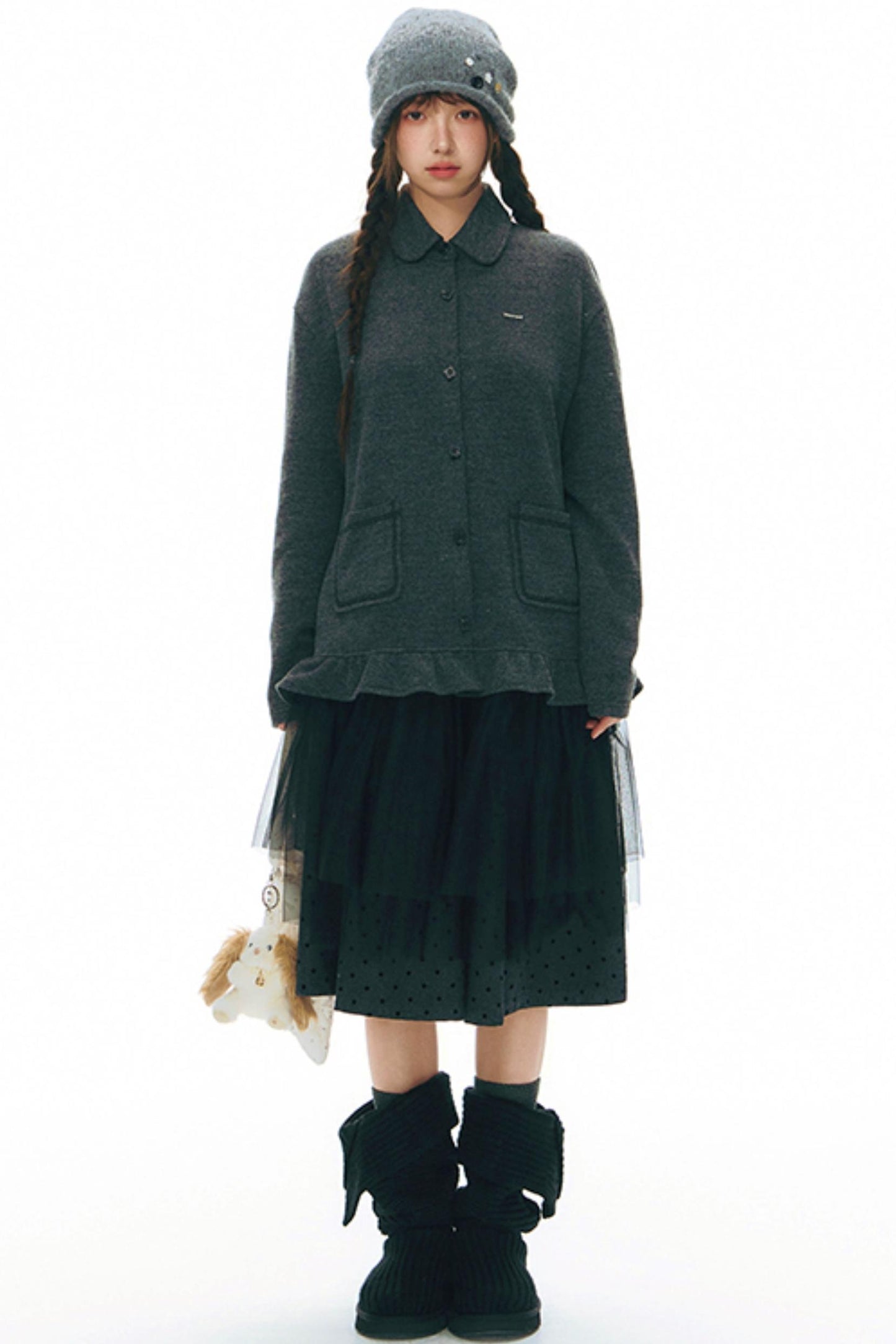 Ruffled Knitted Gray Texture Top