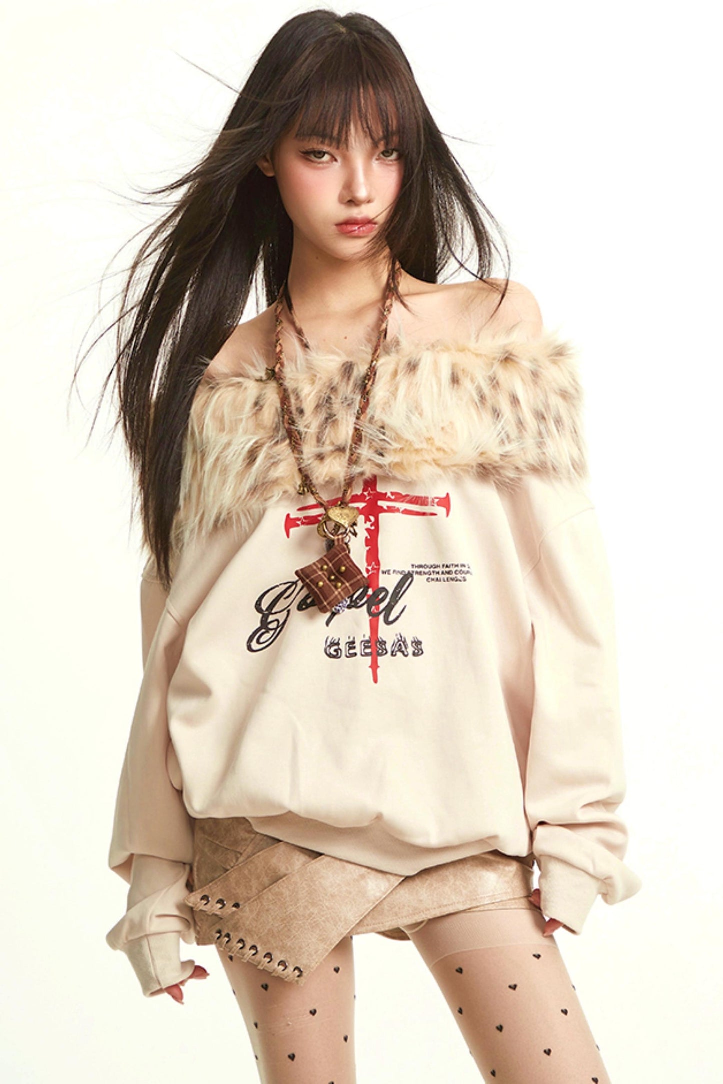 Retro Apricot Fur Collar Sweatshirt