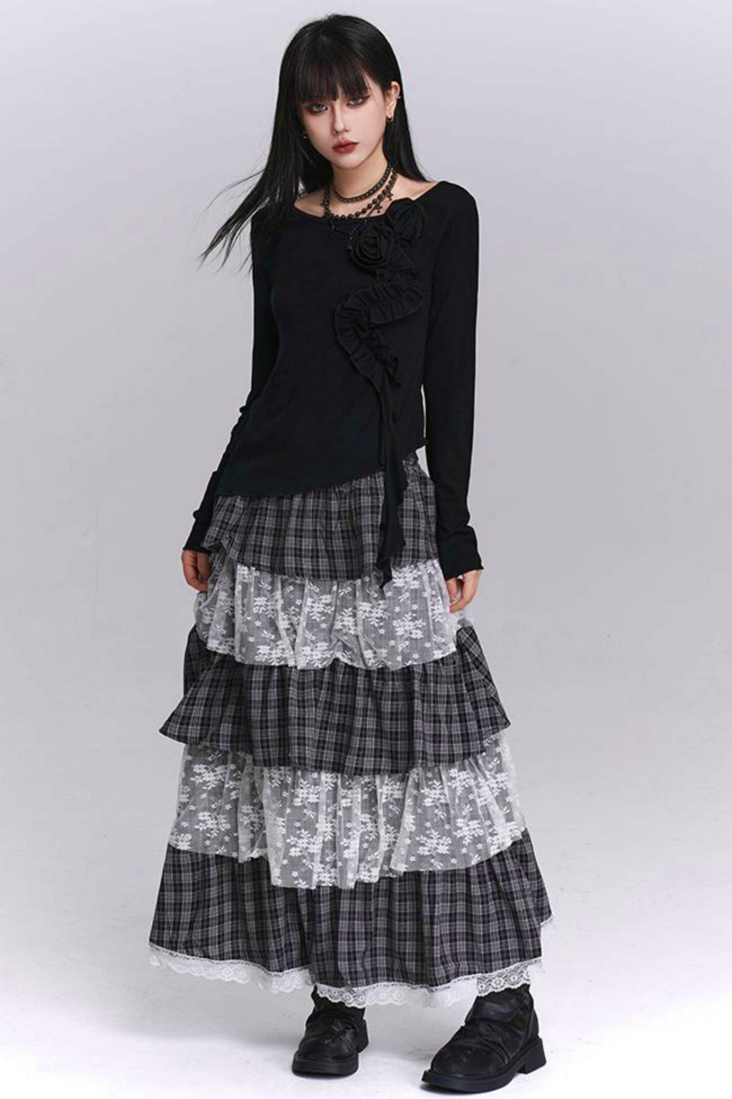 Plaid Tiered Long Skirt