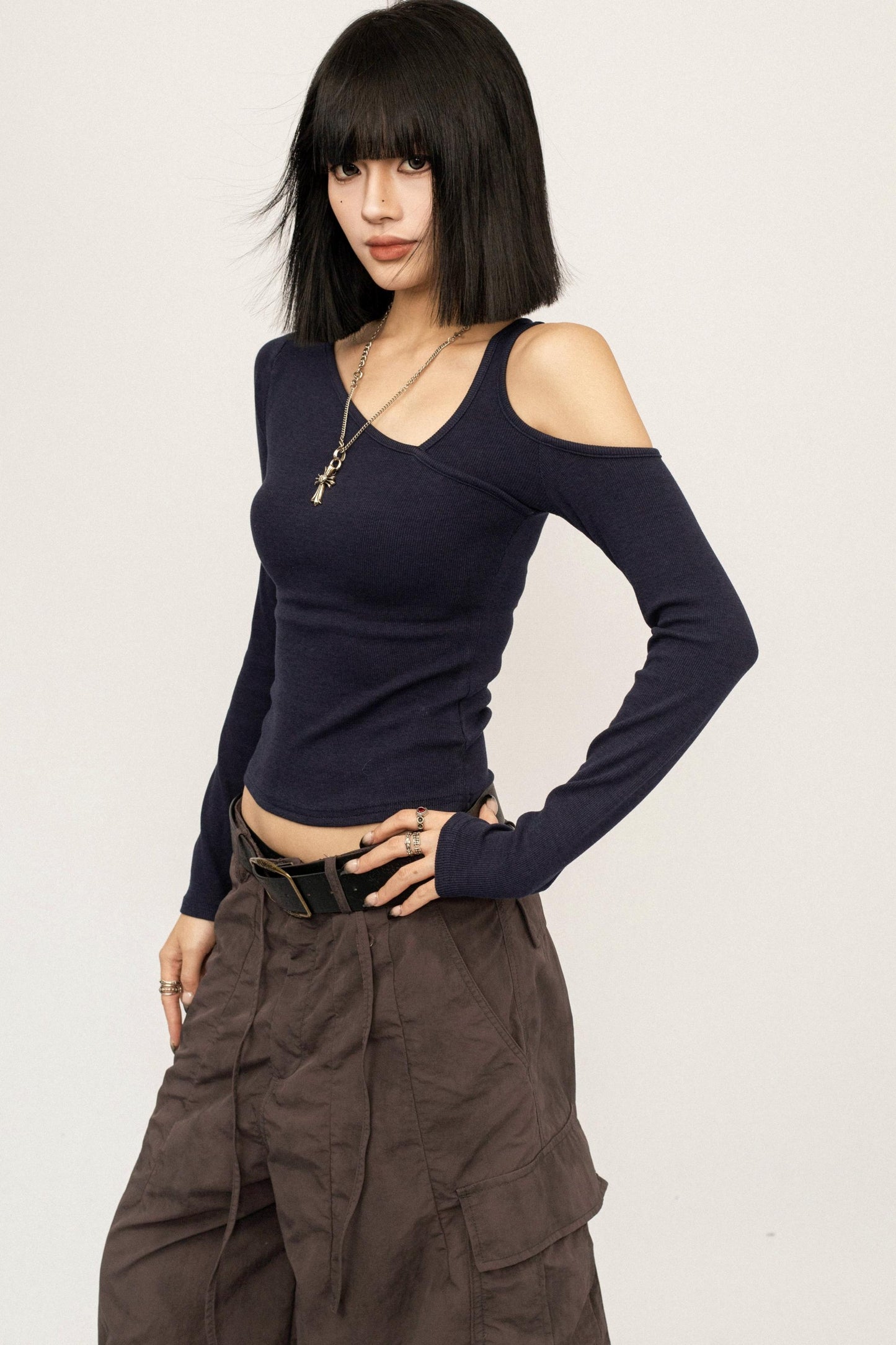 Retro Navy Off-Shoulder Top