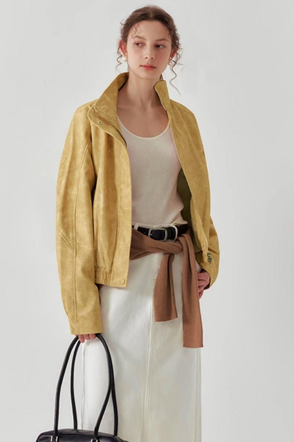 Chic High-Collar PU Leather Jacket