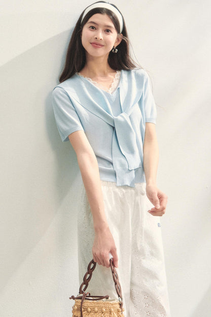 Short-Sleeved Lounge Knit Slacks Set-Up