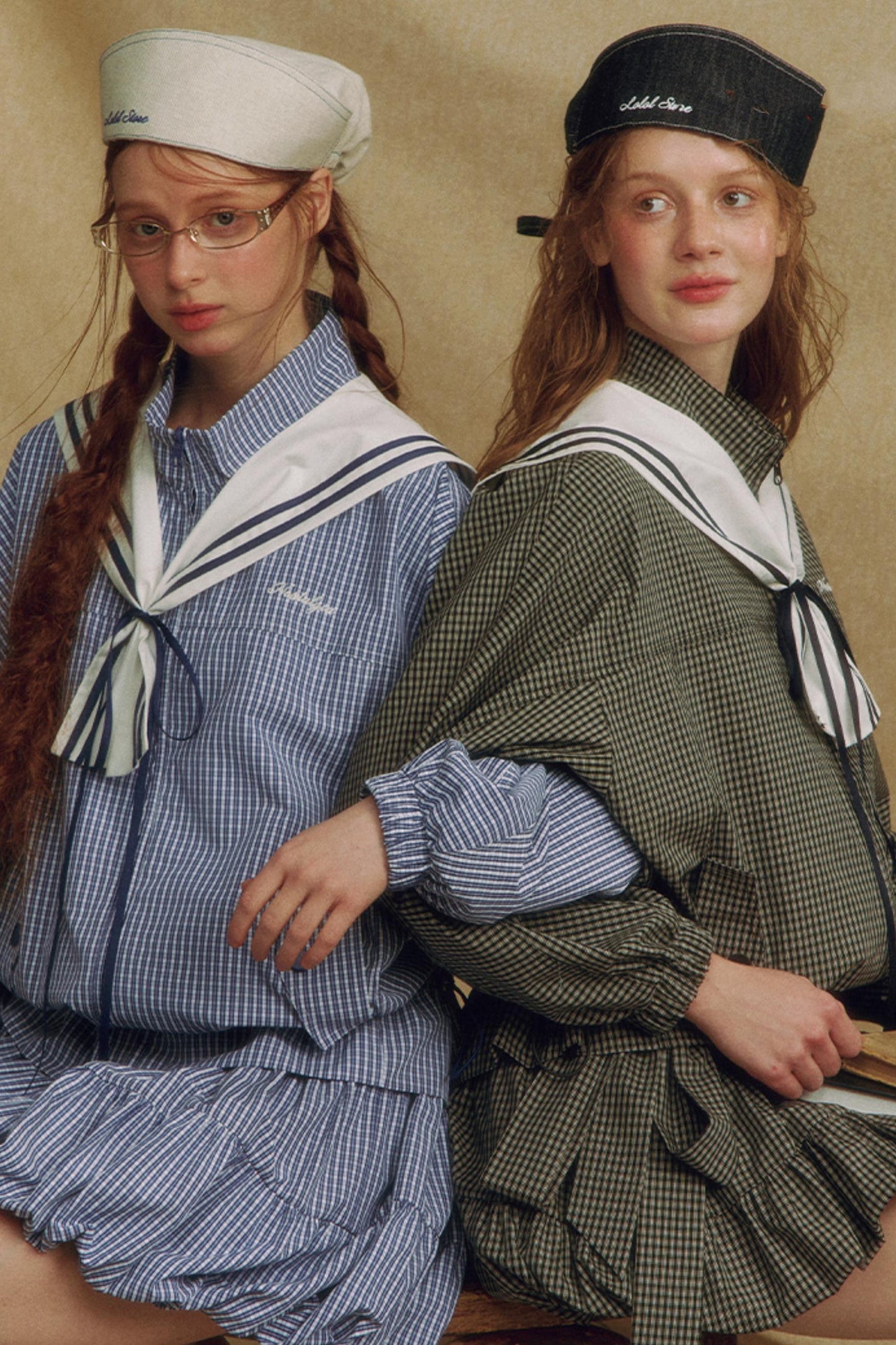 Navy Collar Plaid Jacket Set-Up