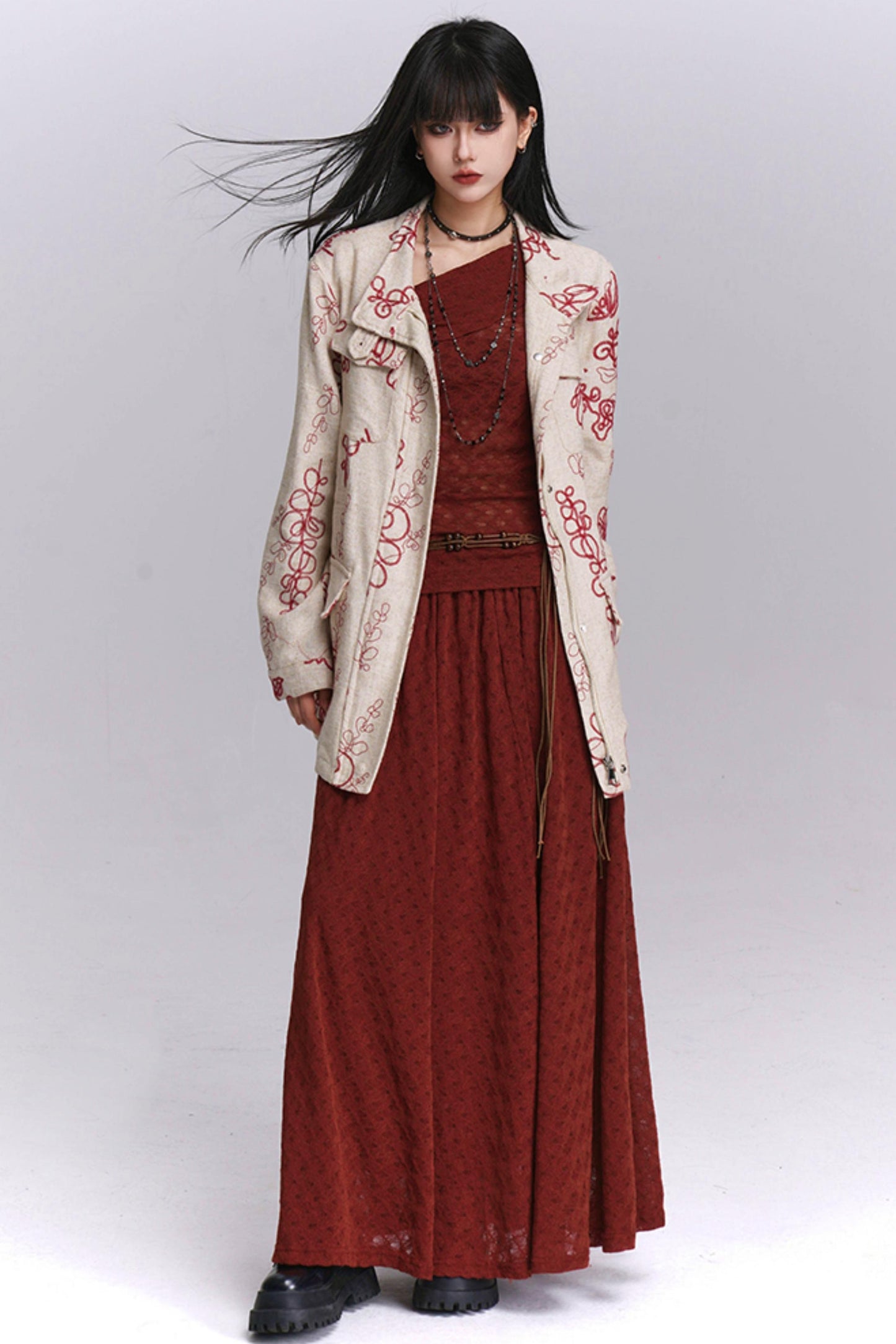 Autumn Red Shoulder Skirt Set-Up