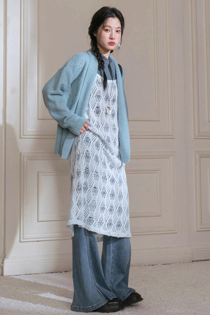 Sense Layering Gray and Blue Openwork Sundress Set