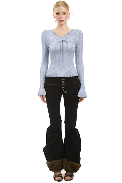 한국 슬림 니트 V넥 탑