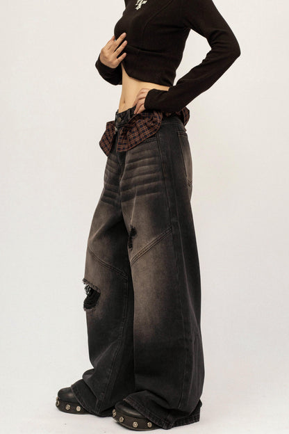 Retro Black Ripped Denim Pants