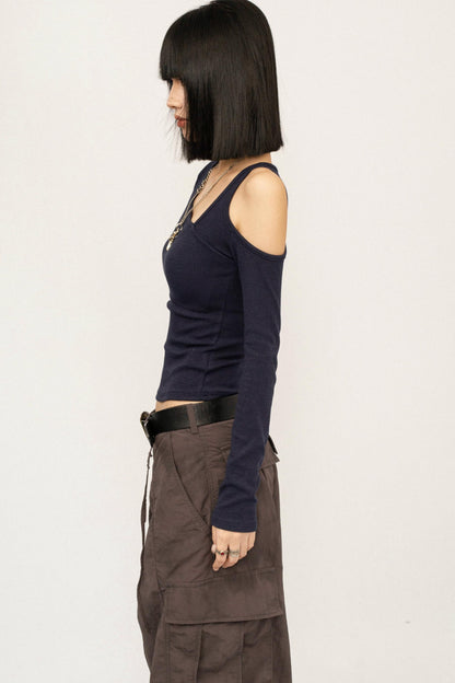 Retro Navy Off-Shoulder Top