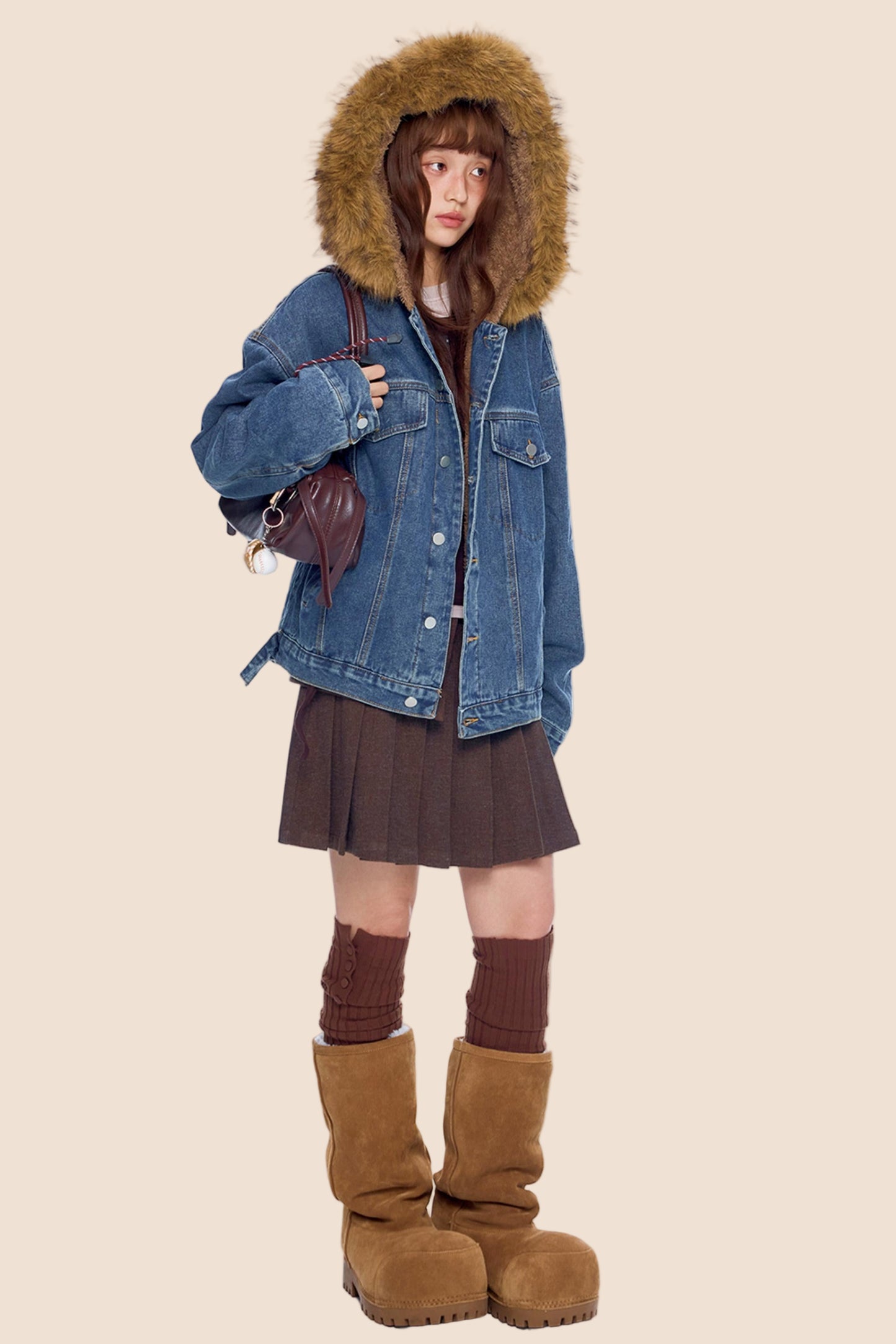 Fur Collar Hooded Denim Jacket