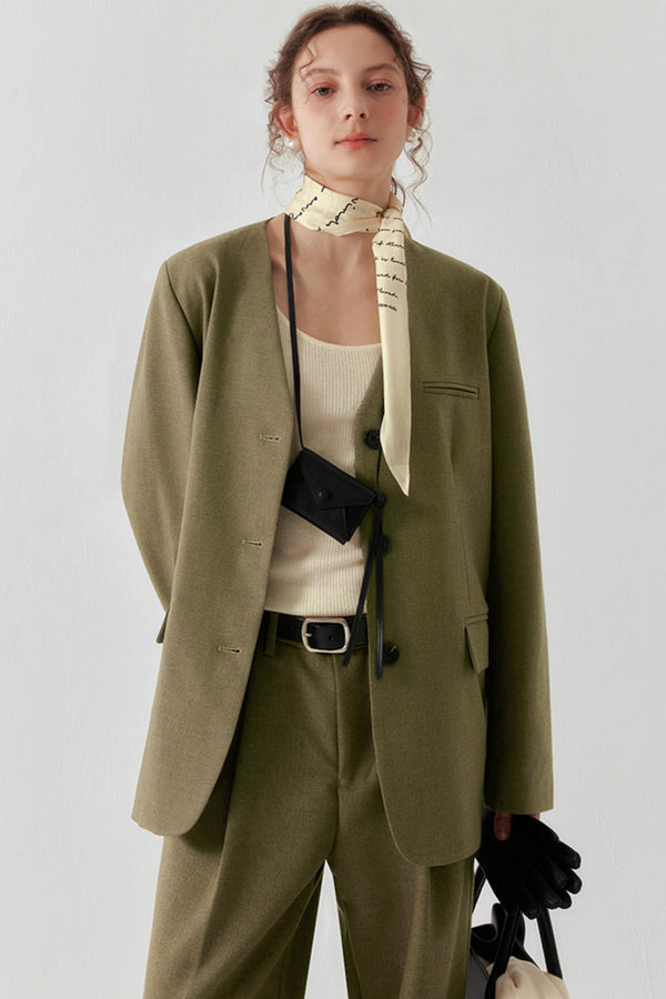 Retro Curry Green V-Neck Blazer