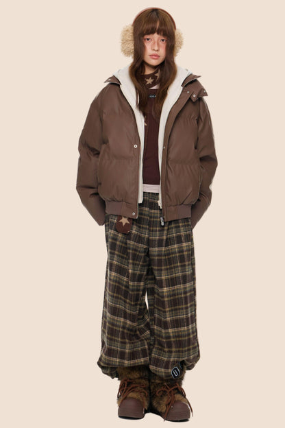 Color-Blocked Leather Hooded Jacket