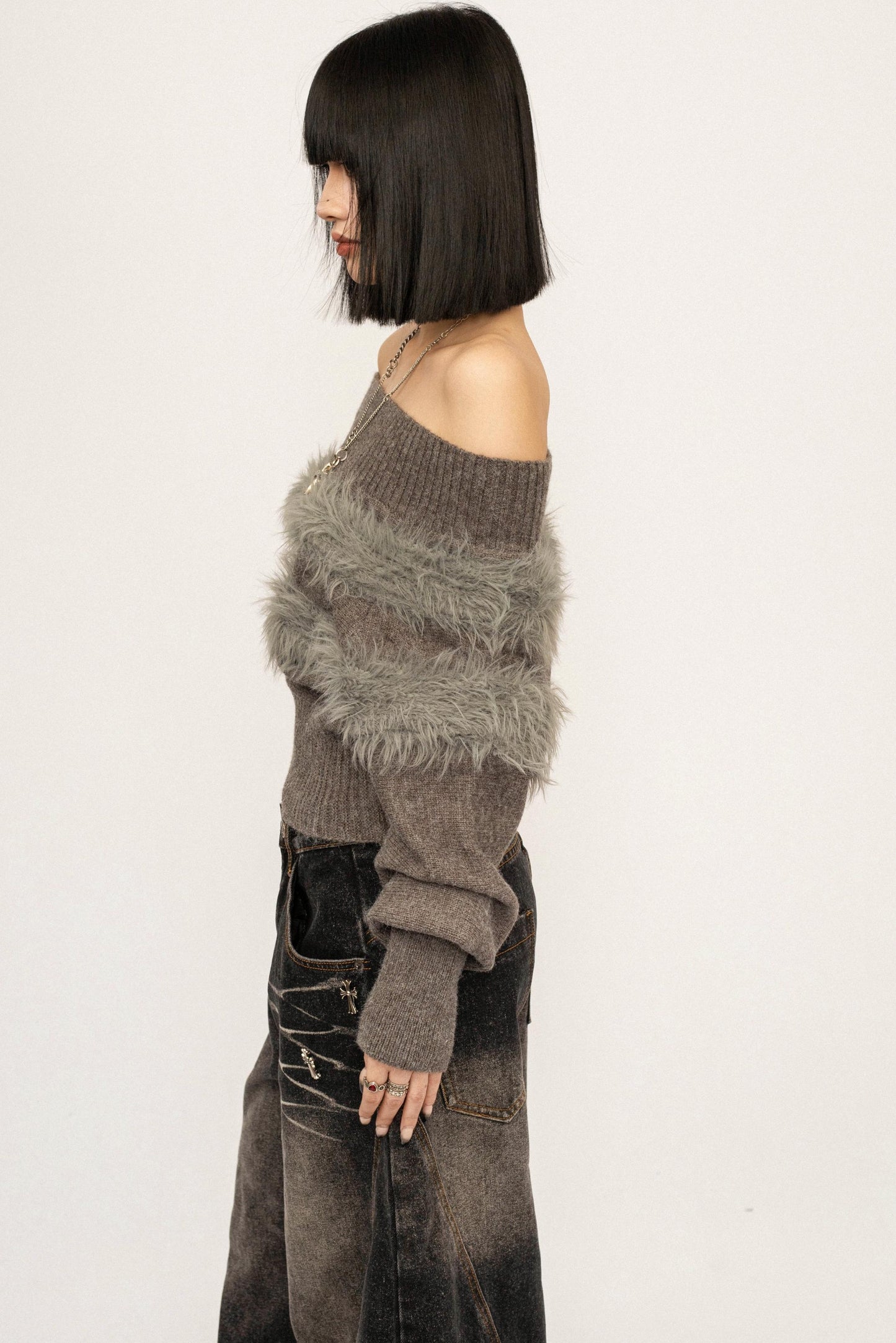 Off-Shoulder Fur Trim Sweater