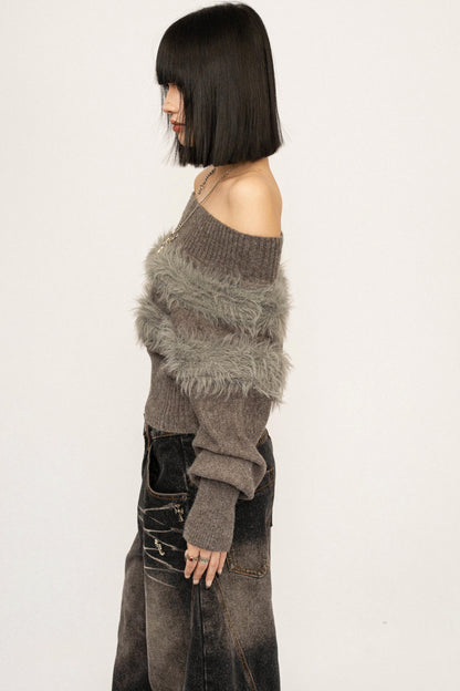 Off-Shoulder Fur Trim Sweater