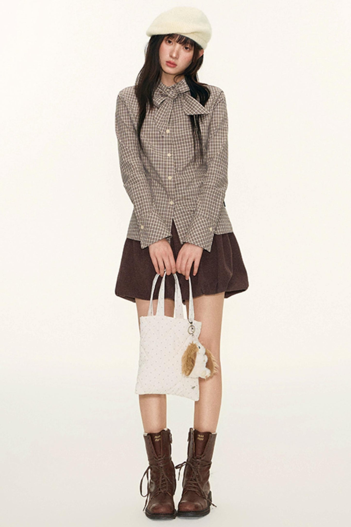 Original Plaid Embroidered Lace-Up Long Sleeve Shirt