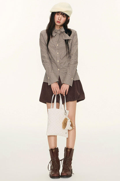 Original Plaid Embroidered Lace-Up Long Sleeve Shirt