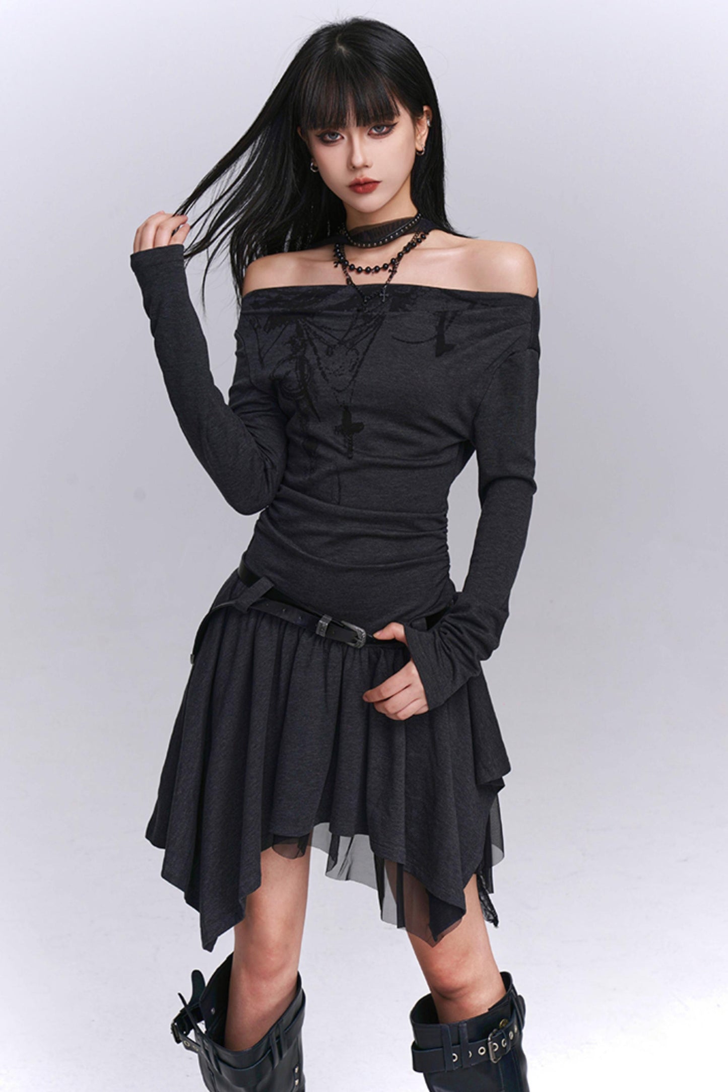 Gray Off-Shoulder Autumn Dress