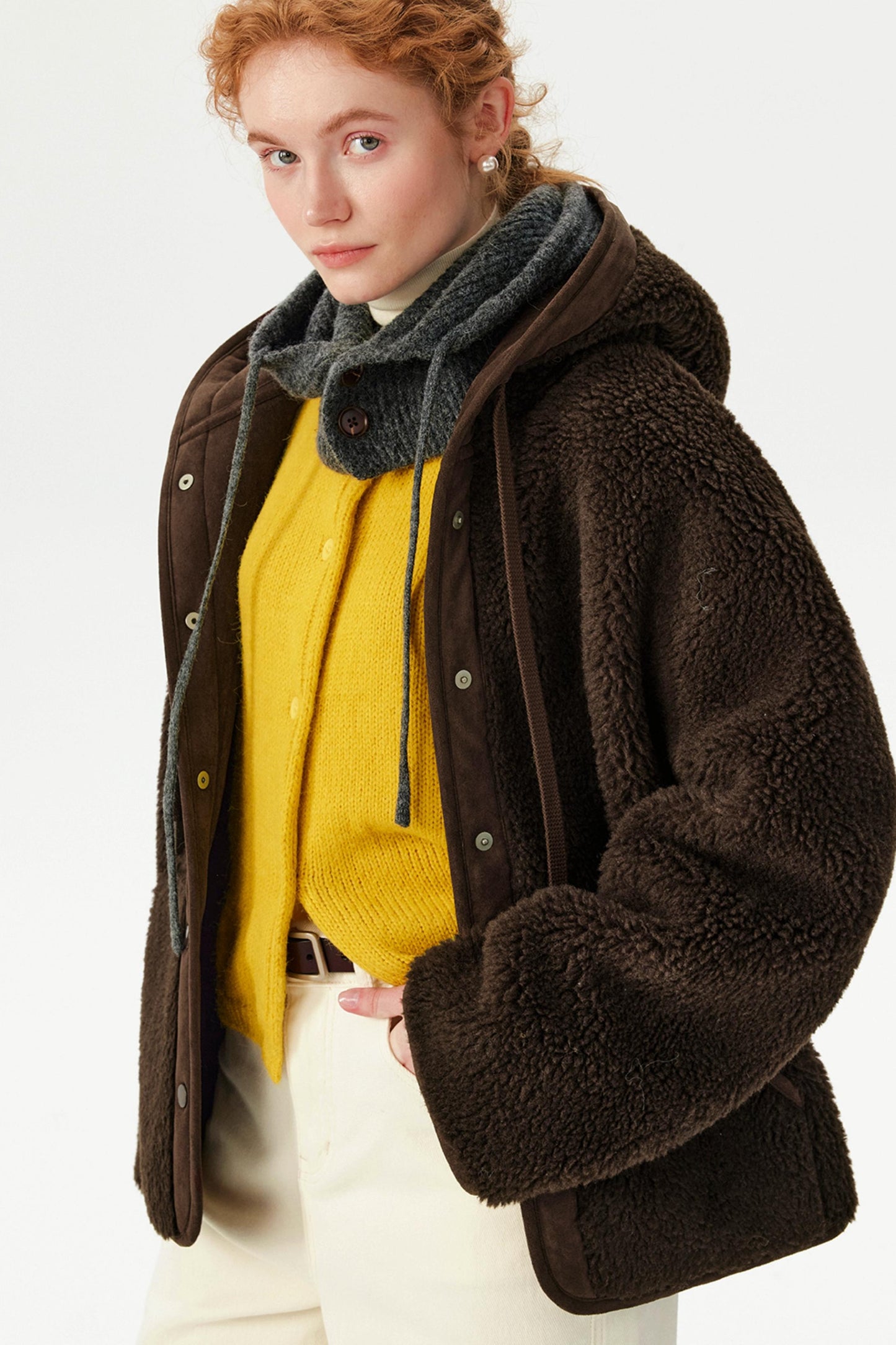 Brown Retro Lamb Wool Hooded Jacket