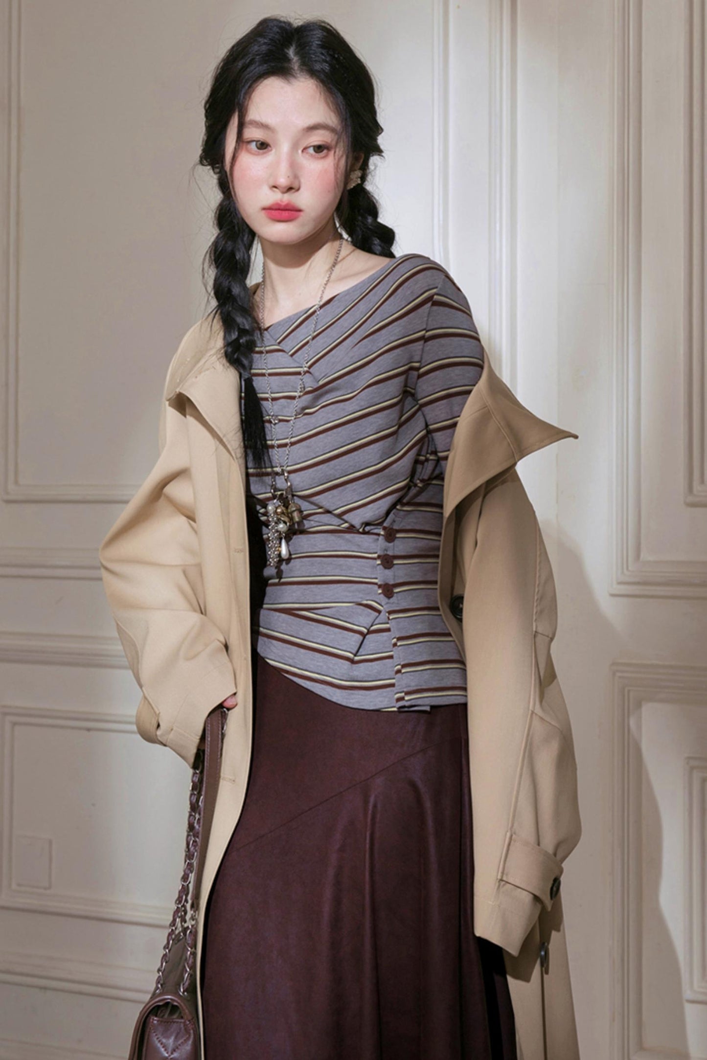 Soft Gray and Yellow Striped Knitted T-Shirt