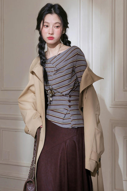 Soft Gray and Yellow Striped Knitted T-Shirt