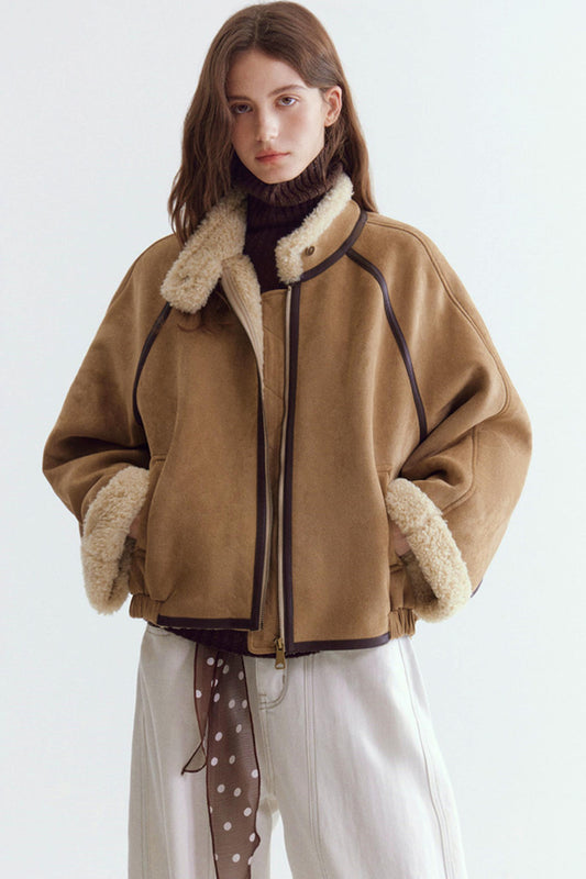 Color-Blocked Suede Shearling Coat