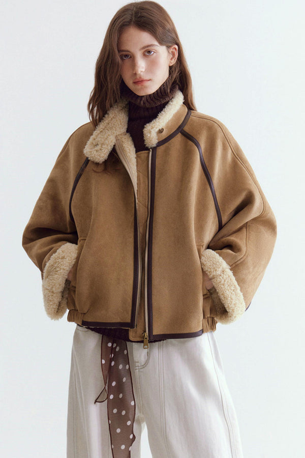 Color-Blocked Suede Shearling Coat