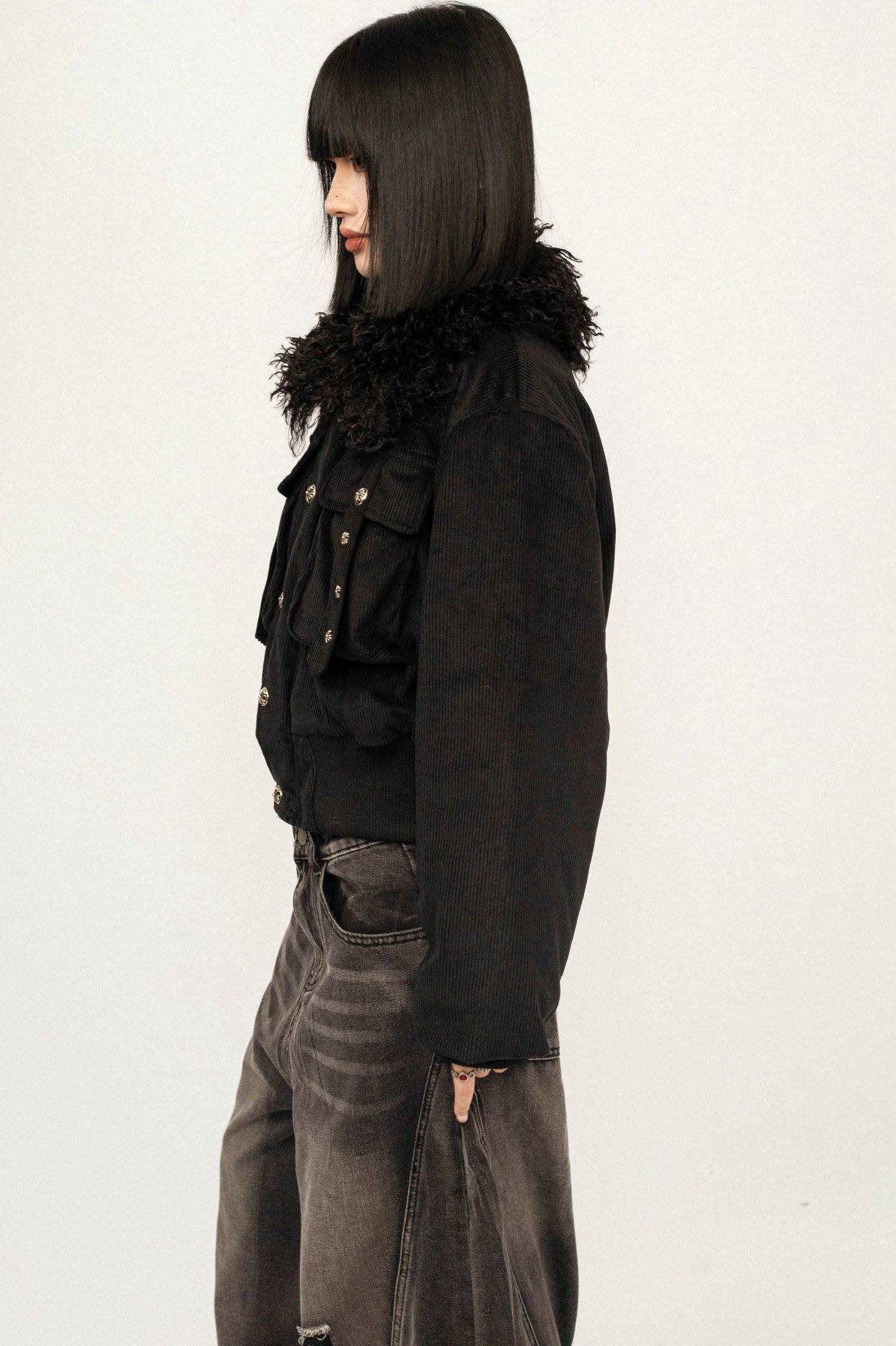 Black Fur Collar Hooded Jacket