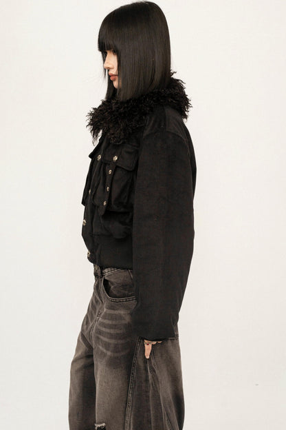 Black Fur Collar Hooded Jacket
