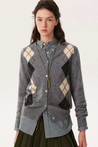 Wool Argyle Knit Cardigan Shirt Set-Up