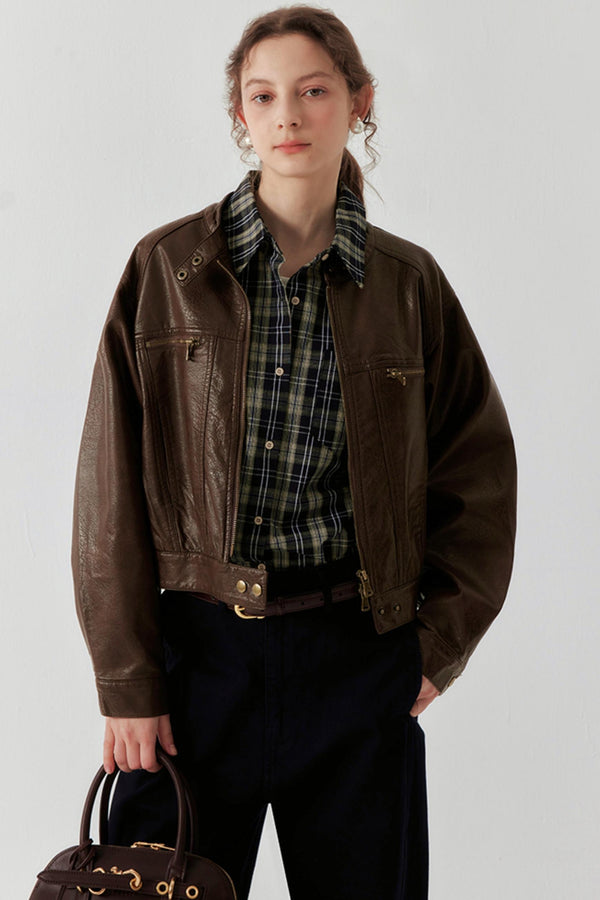 Brown Button-Up Short Leather Jacket