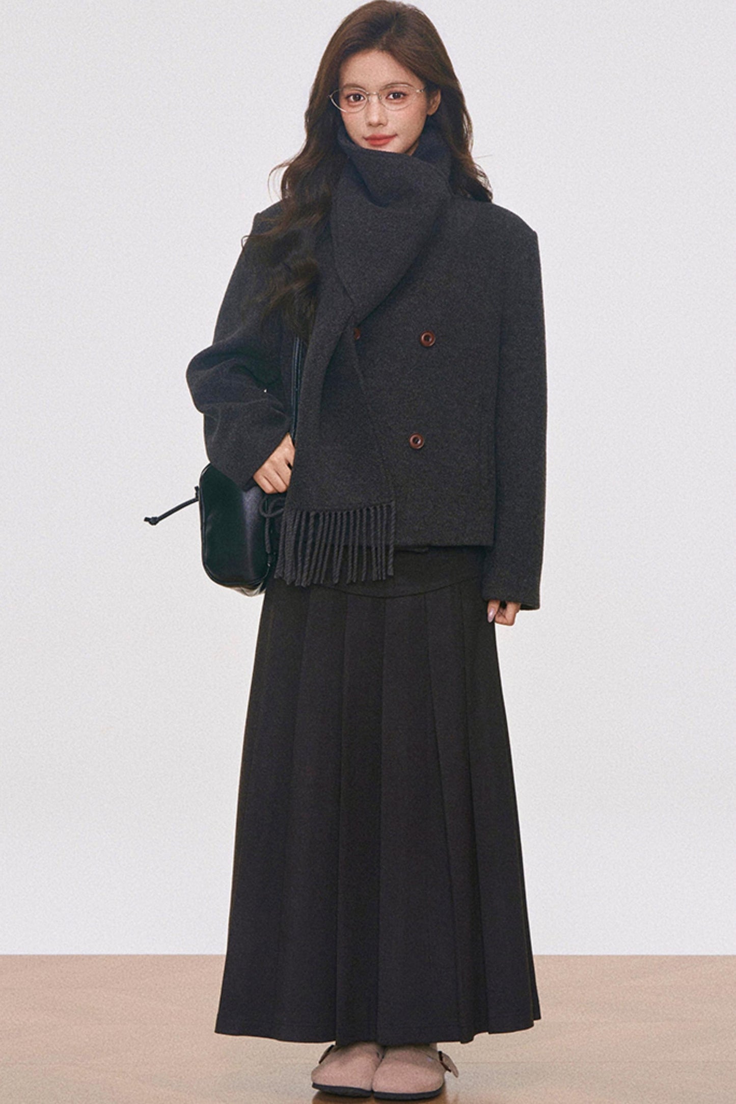 Woolen Coat with Scarf And Skirt Set-Up