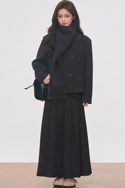 Woolen Coat with Scarf And Skirt Set-Up