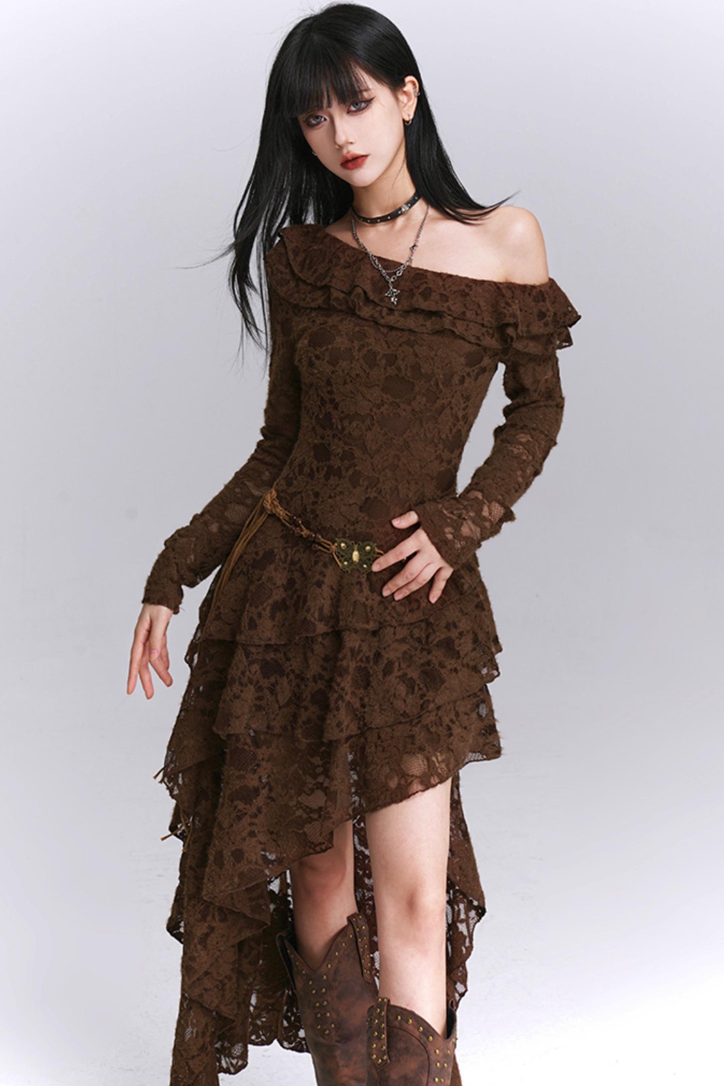 Irregular Brown Lace Off-Shoulder Dress