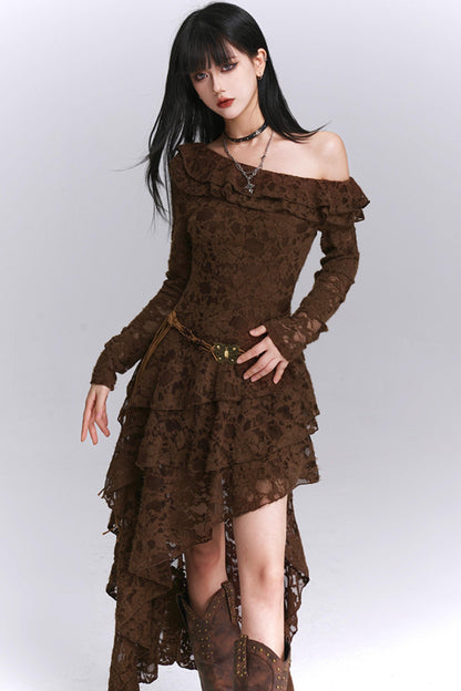 Irregular Brown Lace Off-Shoulder Dress
