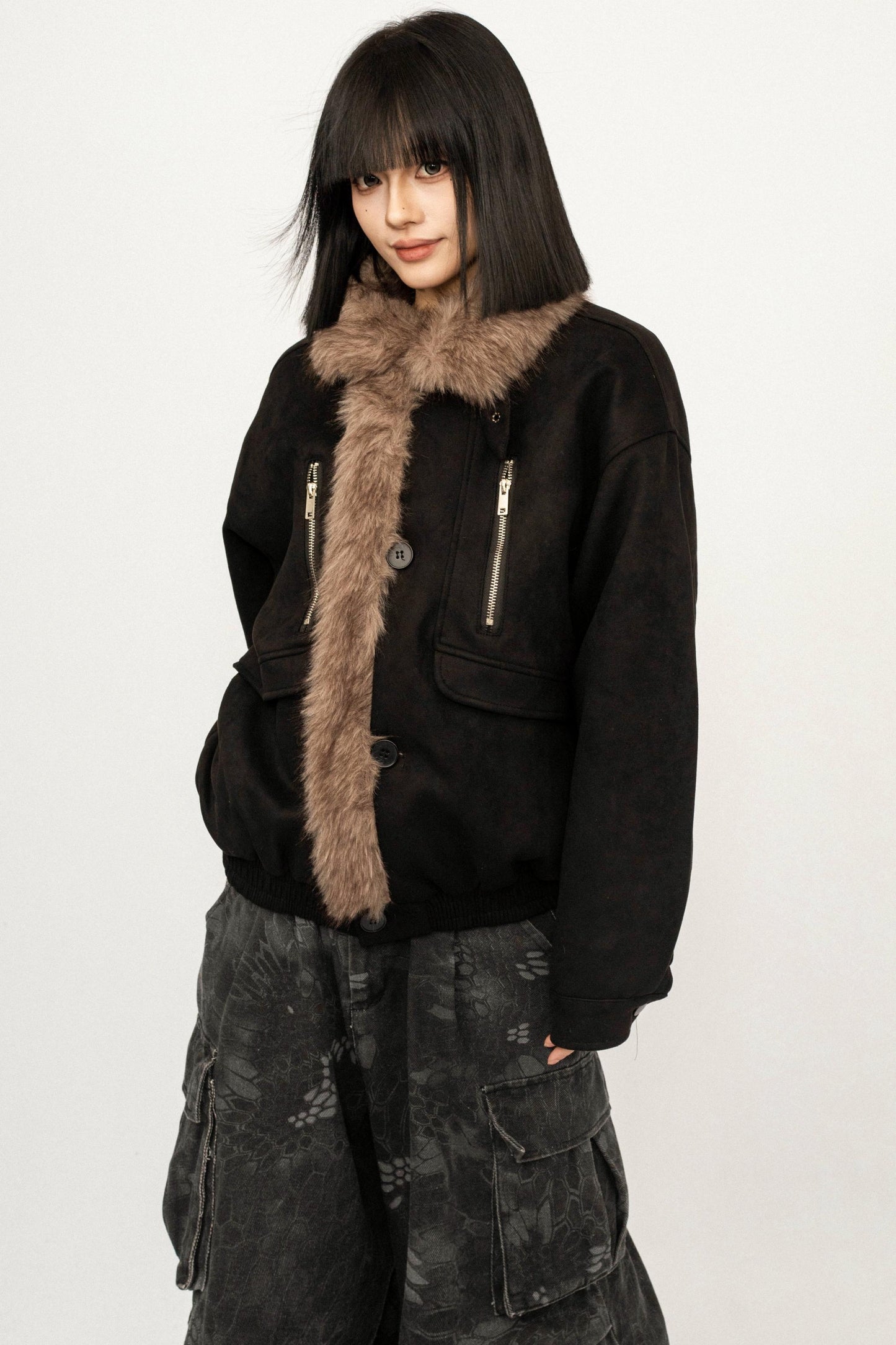 Retro Fur Collar Patchwork Jacket