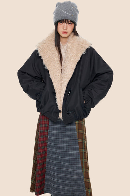 Fur-Trimmed Color-Blocked Coat