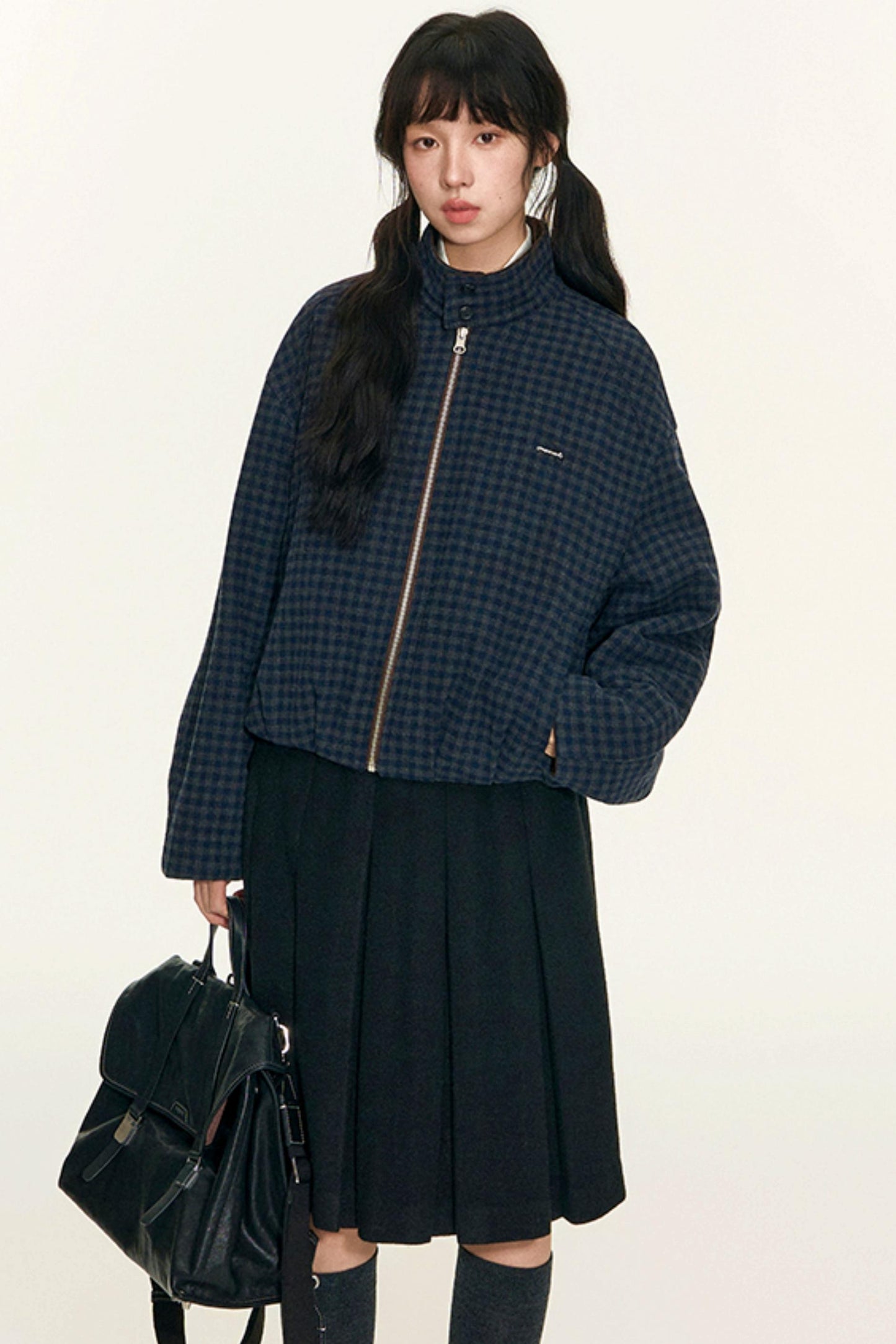 Vintage Suede Plaid Reversible Stand-Up Collar Jacket