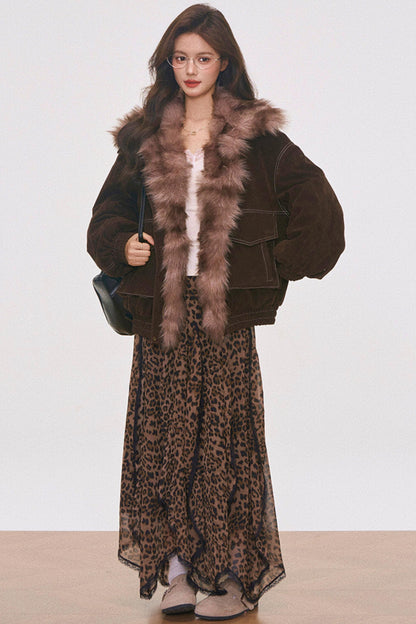 Brown Suede Fur Jacket and Leopard Skirt Set-Up