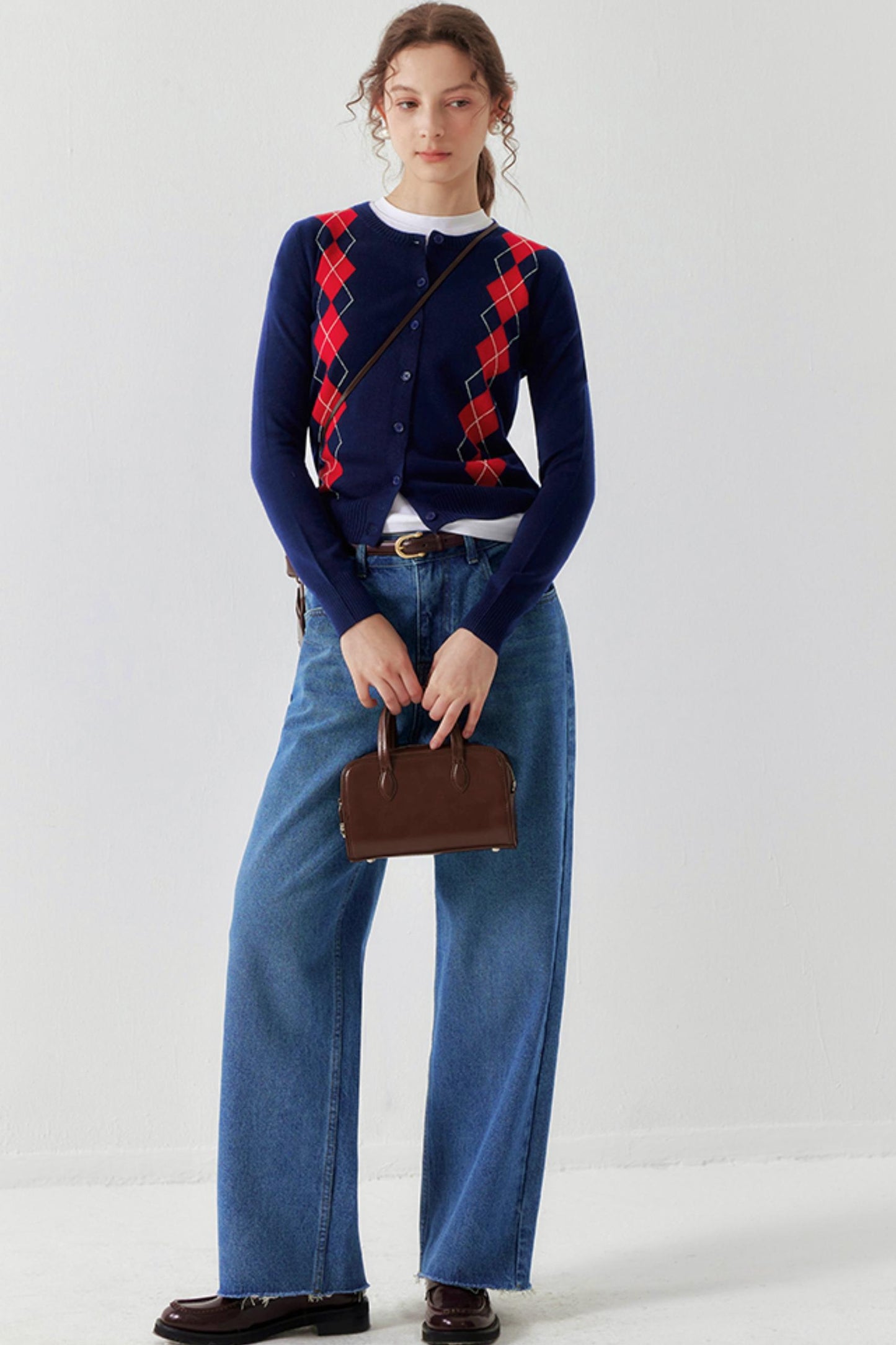 Navy Retro Check Wool Knit Cardigan