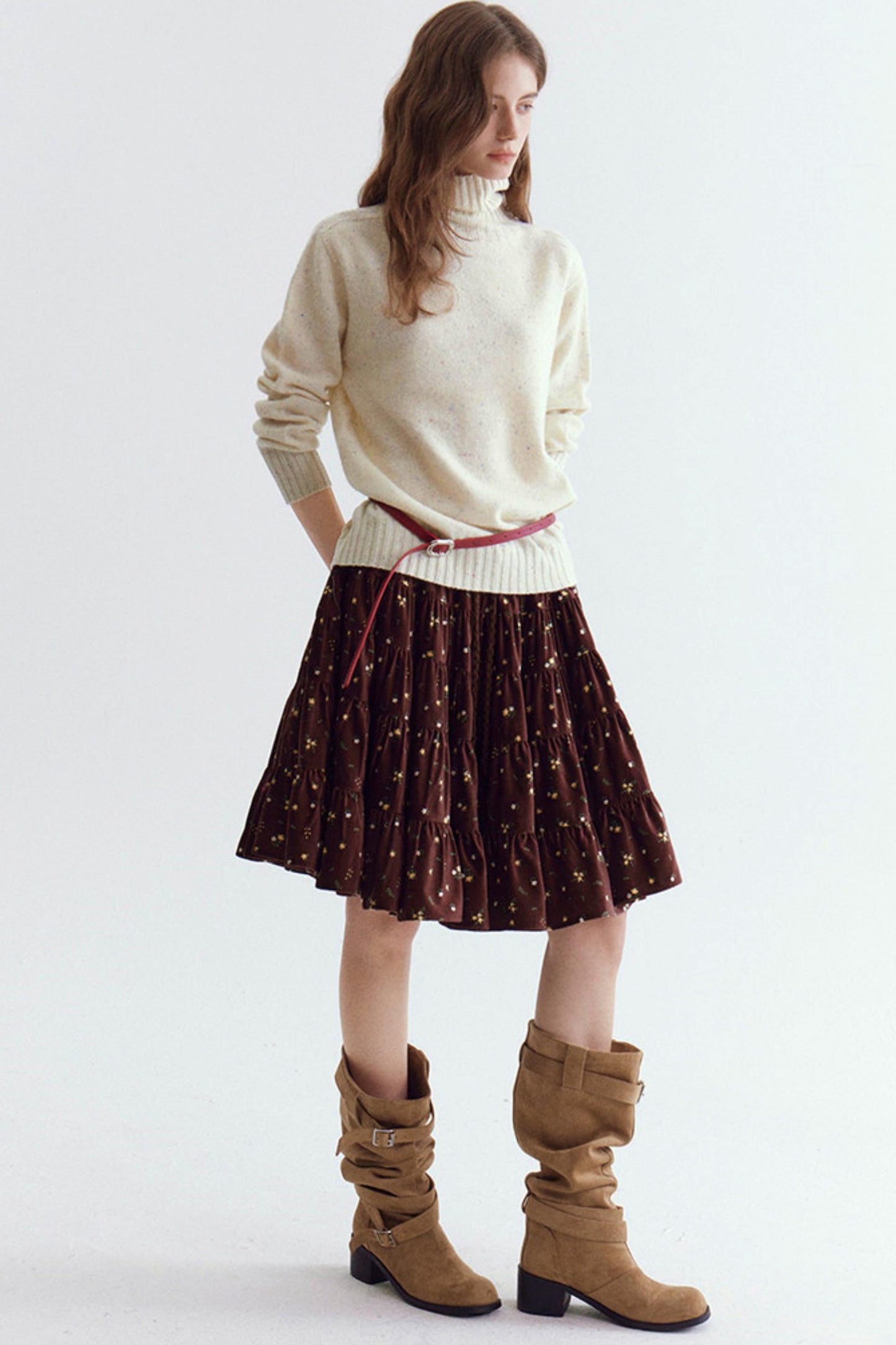 Wool Floral Yarn Turtleneck Sweater
