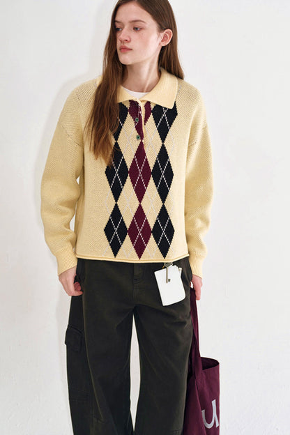 Cream Yellow Argyle Knit Sweater
