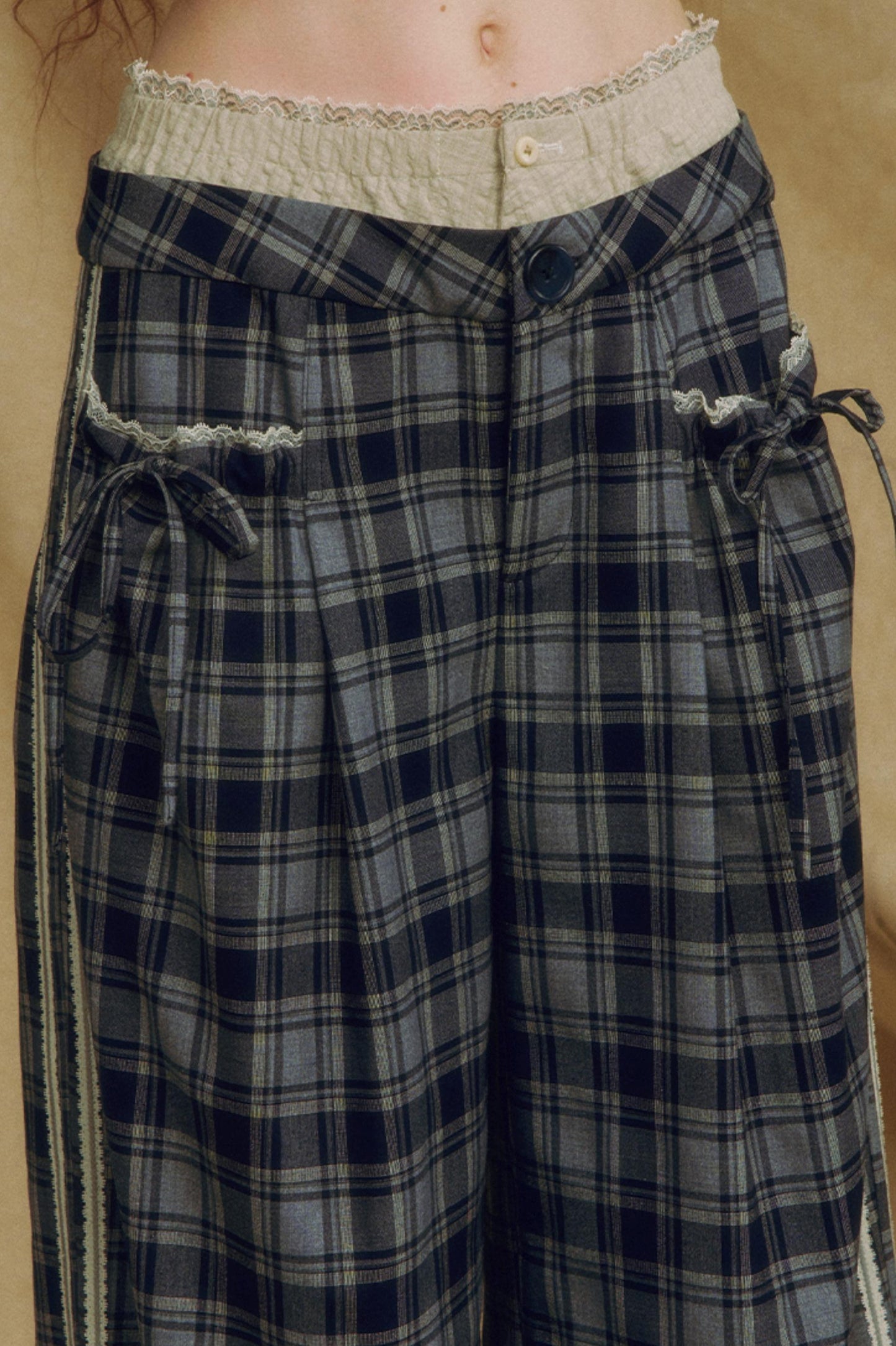 Chic Bow Tie Plaid Wide-Leg Trousers