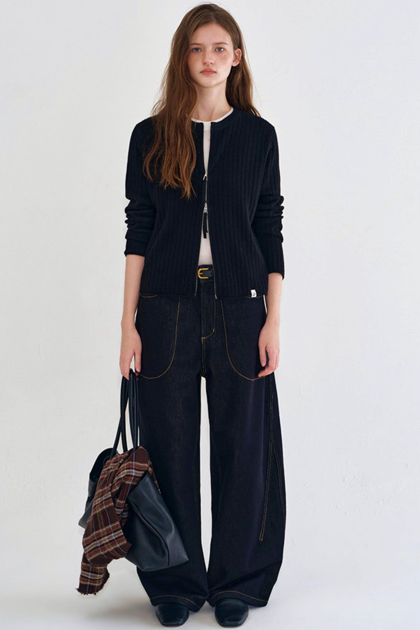 Rolled Edge Double Zipper Knit Cardigan