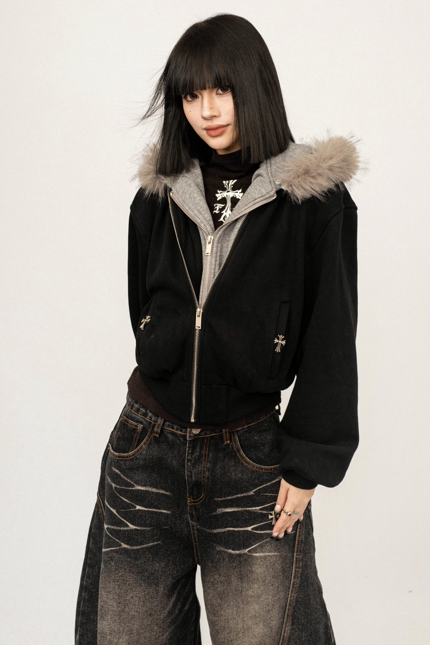 Thickened Stitching Fake Two Sweatshirt Jacket