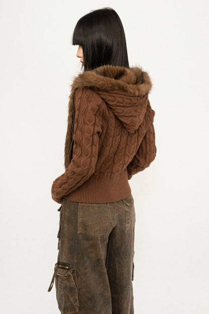 Retro Cable Knit Hooded Cardigan