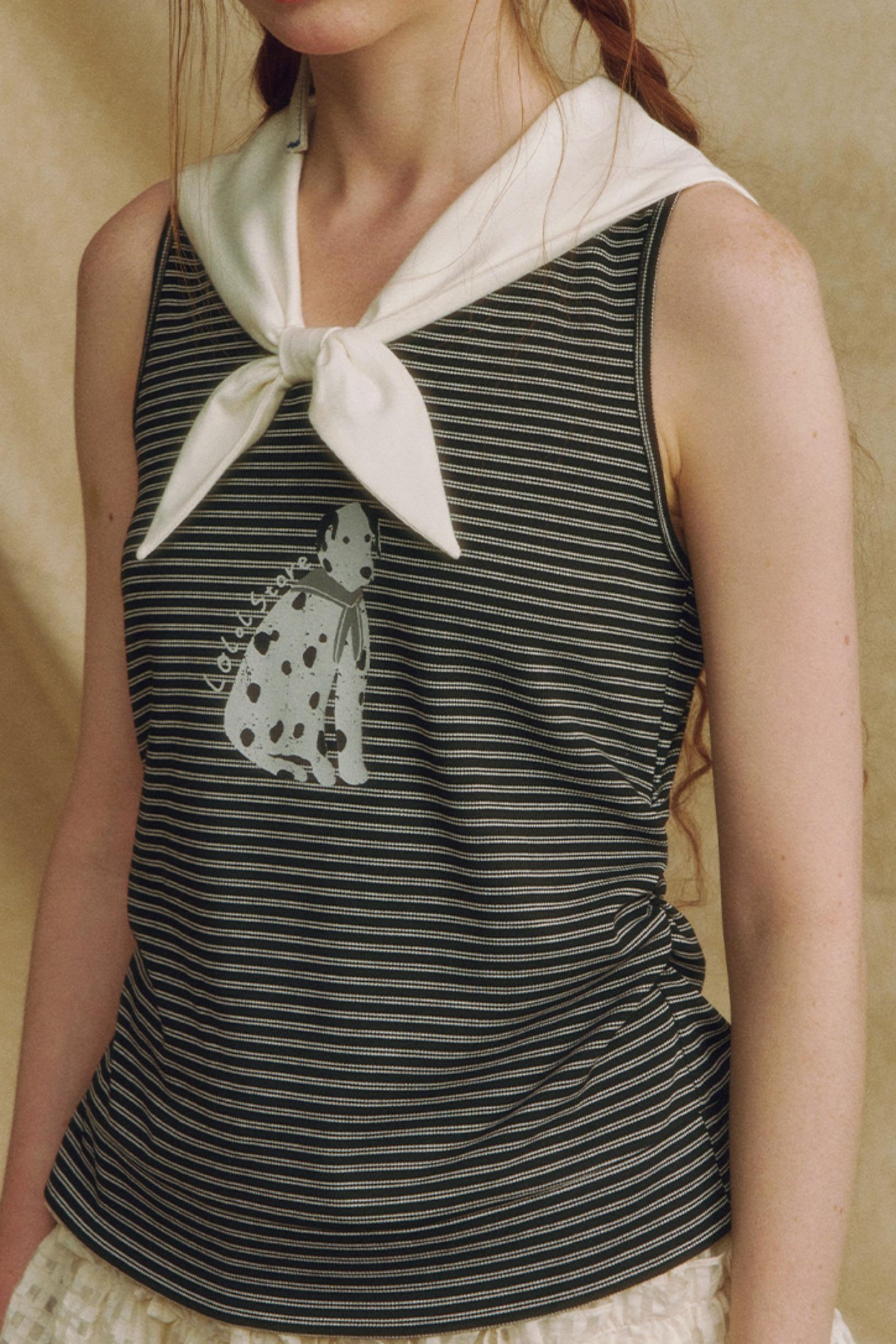 Puppy Print Bow-Striped Navy Tank Top