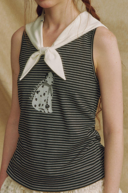 Puppy Print Bow-Striped Navy Tank Top