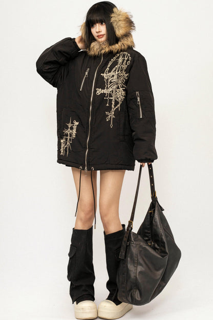 Embroidered Fur Collar Jacket