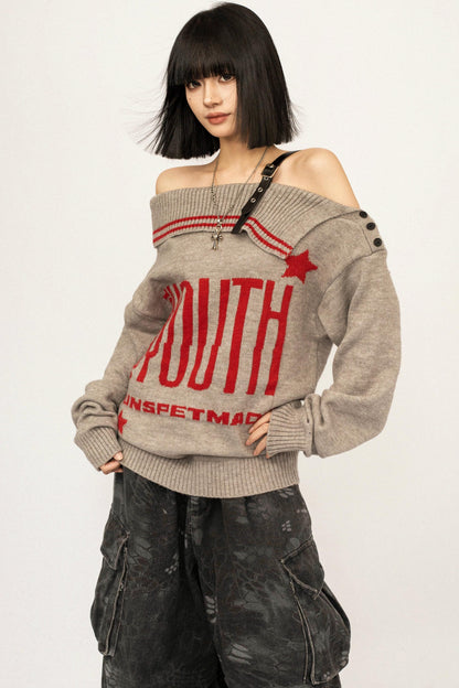 Retro Off-Shoulder Knit Cardigan