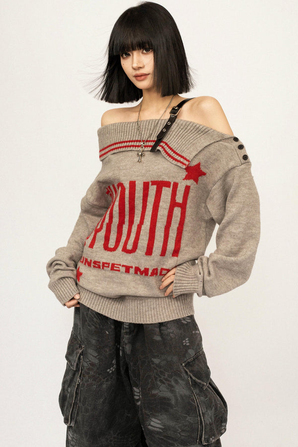 Retro Off-Shoulder Knit Cardigan