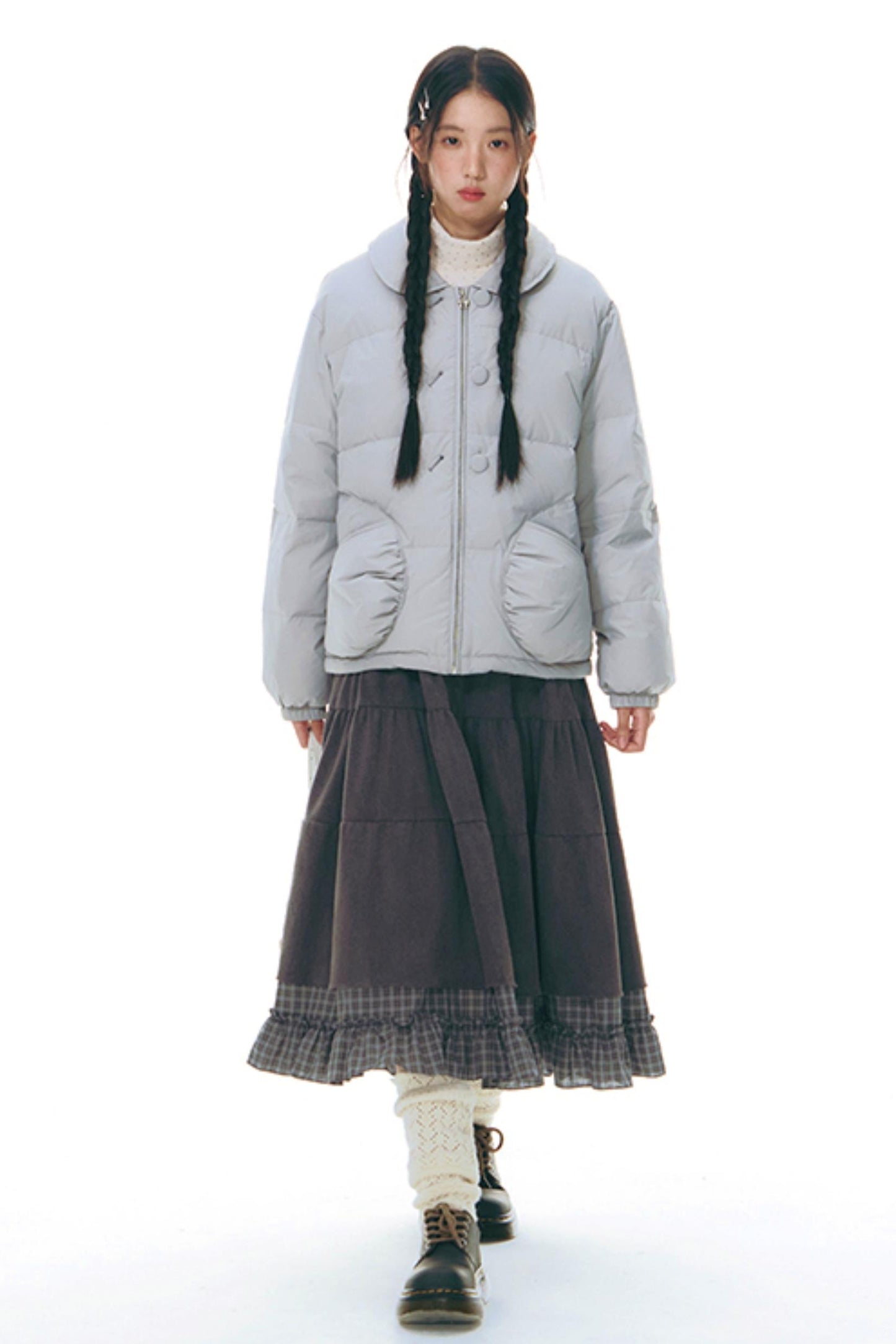 Patchwork Plaid Shirred Japanese Lace-Up Long Dress